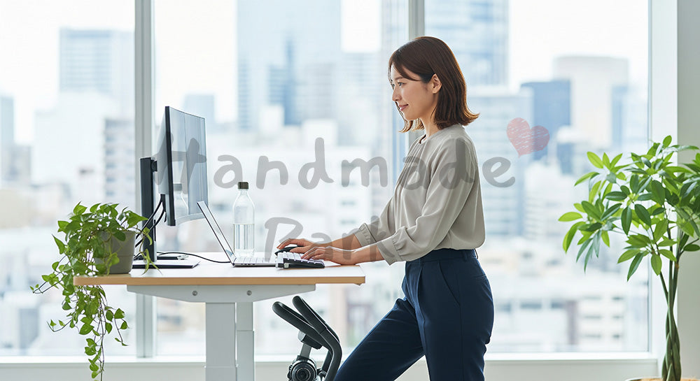 フリー素材 無料 写真｜スタンディングデスクで仕事する日本人女性の健康的な働き方（表現3）