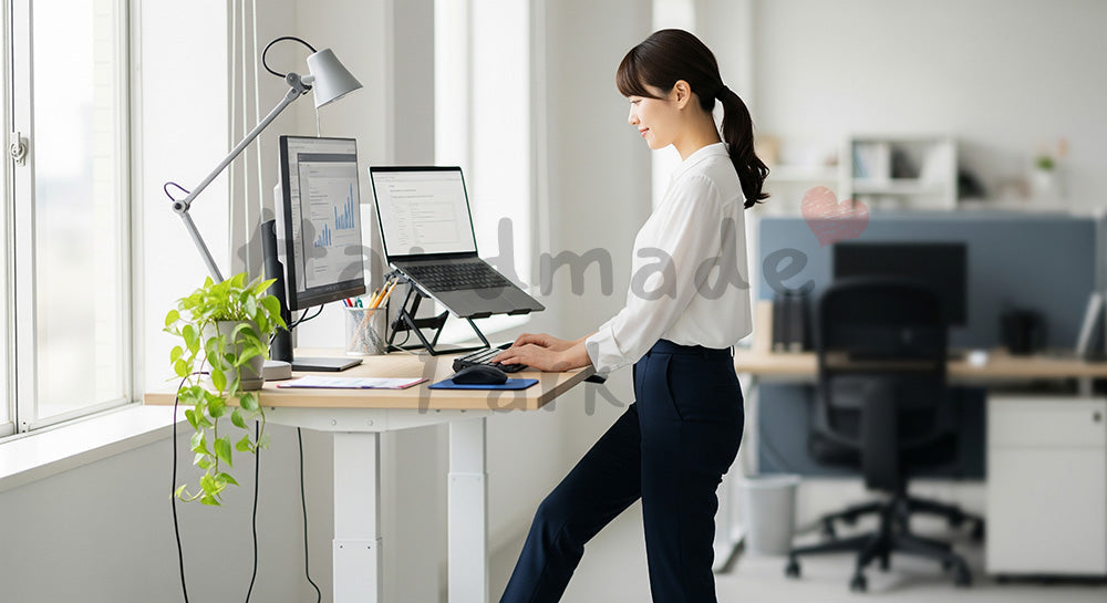 フリー素材 無料 写真｜スタンディングデスクで仕事する日本人女性の健康的な働き方（表現2）