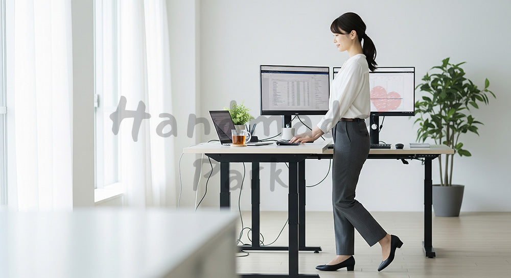 フリー素材 無料 写真｜スタンディングデスクで仕事する日本人女性の健康的な働き方（表現1）