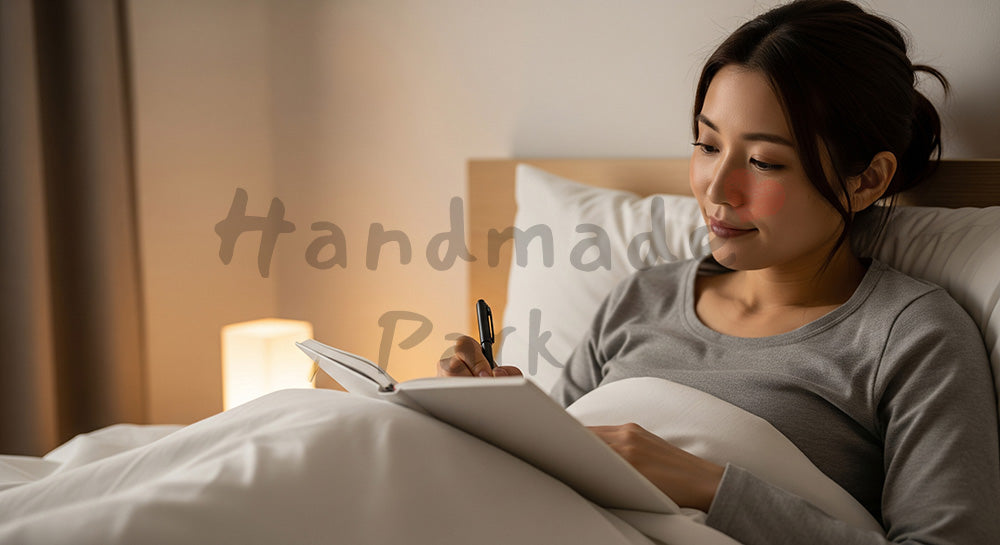 フリー素材 無料 写真｜寝る前に感謝日記を書く日本人女性（表現3）