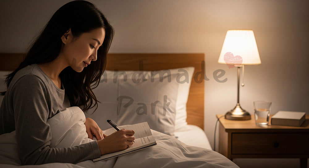 フリー素材 無料 写真｜寝る前に感謝日記を書く日本人女性（表現2）