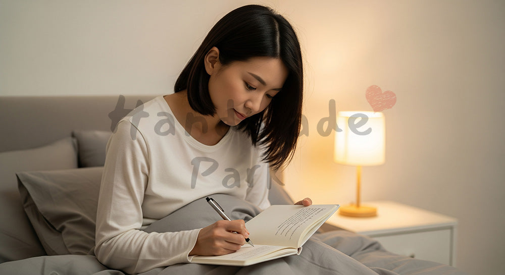 フリー素材 無料 写真｜寝る前に感謝日記を書く日本人女性 コピースペースあり