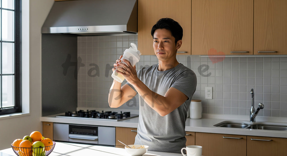 フリー素材 無料 写真｜プロテインシェイクを飲む日本人男性の健康習慣（表現3）