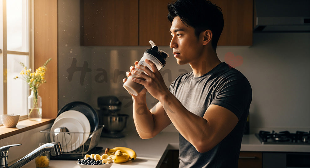 フリー素材 無料 写真｜プロテインシェイクを飲む日本人男性の健康習慣（表現2）