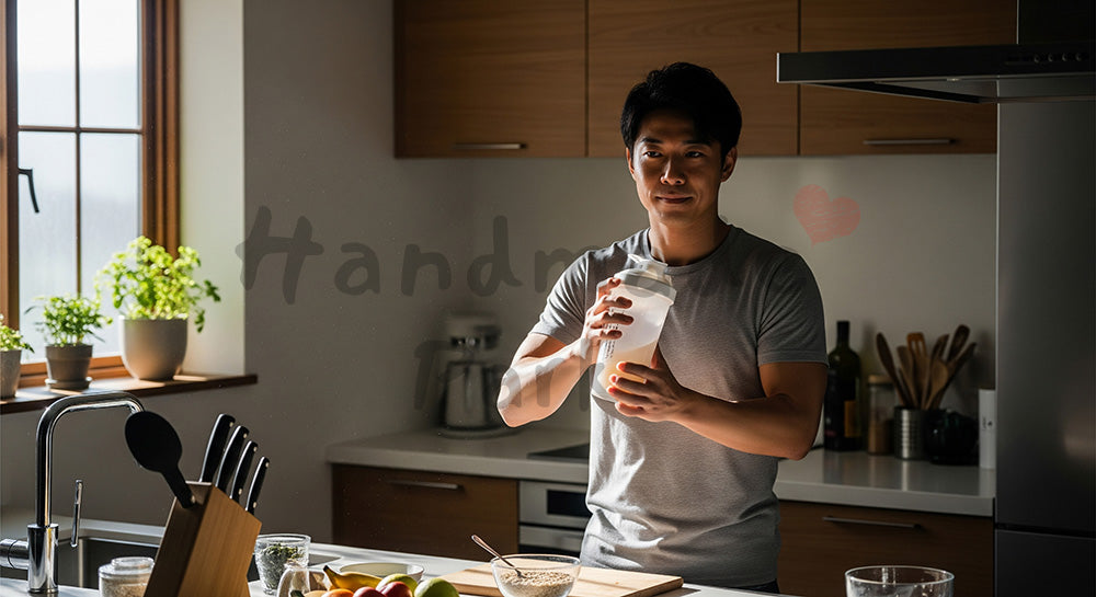 フリー素材 無料 写真｜プロテインシェイクを飲む日本人男性の健康習慣（表現1）