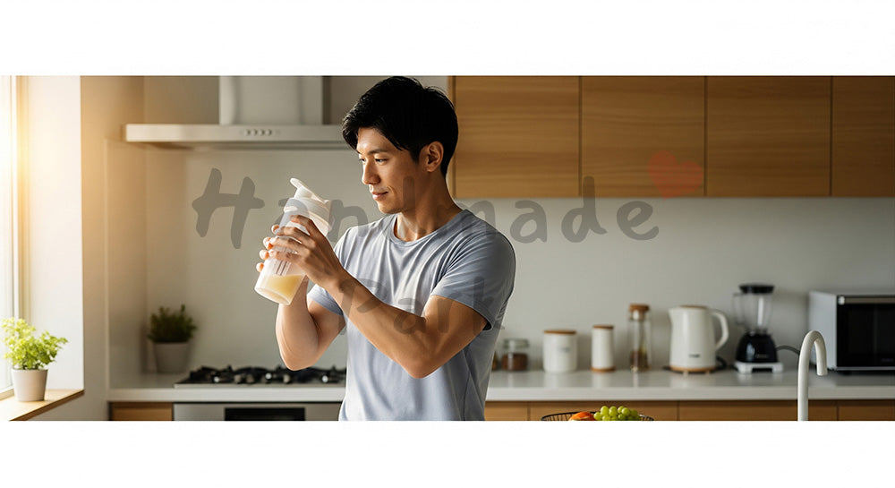 フリー素材 無料 写真｜プロテインシェイクを飲む日本人男性の健康習慣 コピースペースあり