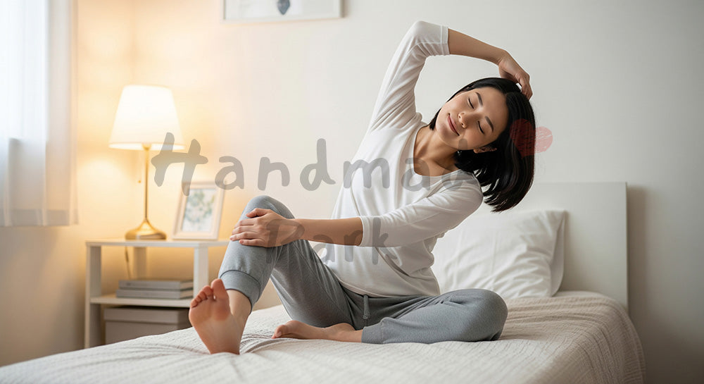 フリー素材 無料 写真｜寝る前に軽くストレッチする日本人女性のリラックスシーン（表現3）