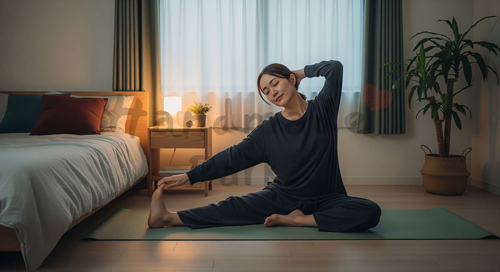 フリー素材 無料 写真｜寝る前に軽くストレッチする日本人女性のリラックスシーン（表現1）