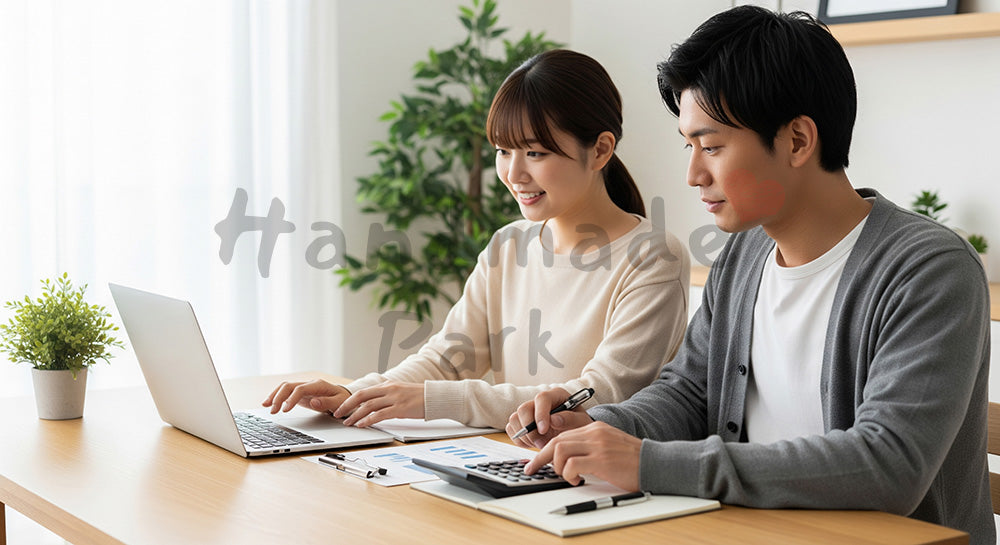 フリー素材 無料 写真｜ノートPCと電卓で家計管理を話し合う日本人夫婦の家計簿シーン（表現1）