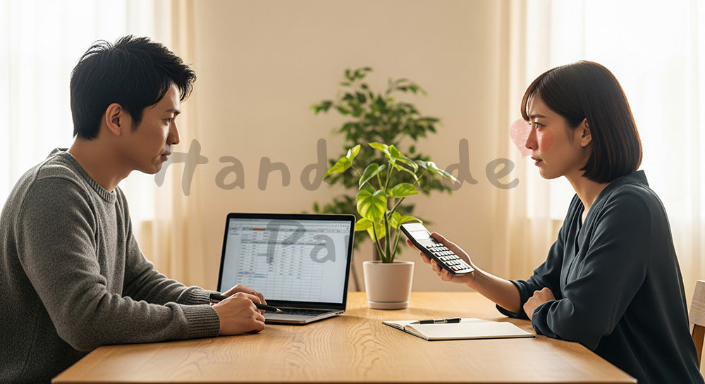フリー素材 無料 写真｜ノートPCと電卓で家計管理を話し合う日本人夫婦の家計簿シーン コピースペースあり