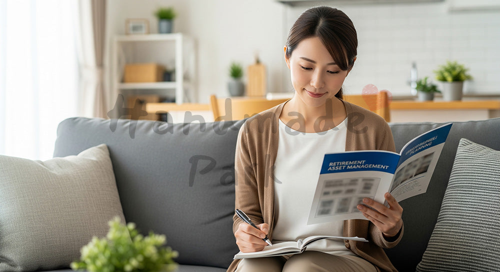 フリー素材 無料 写真｜ソファで老後の資産運用パンフレットを読む日本人女性 コピースペースあり