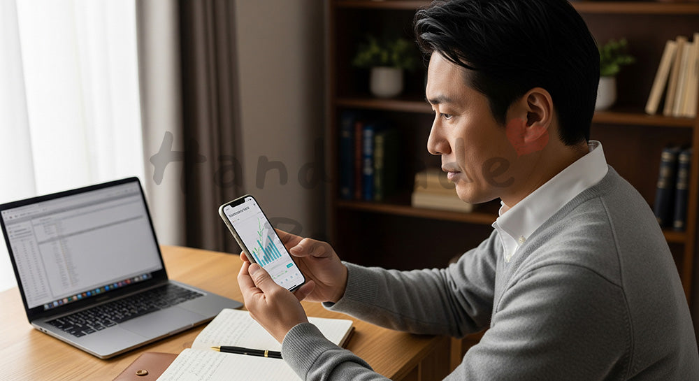 フリー素材 無料 写真｜スマホで投資状況を確認する日本人男性の資産管理シーン（表現3）