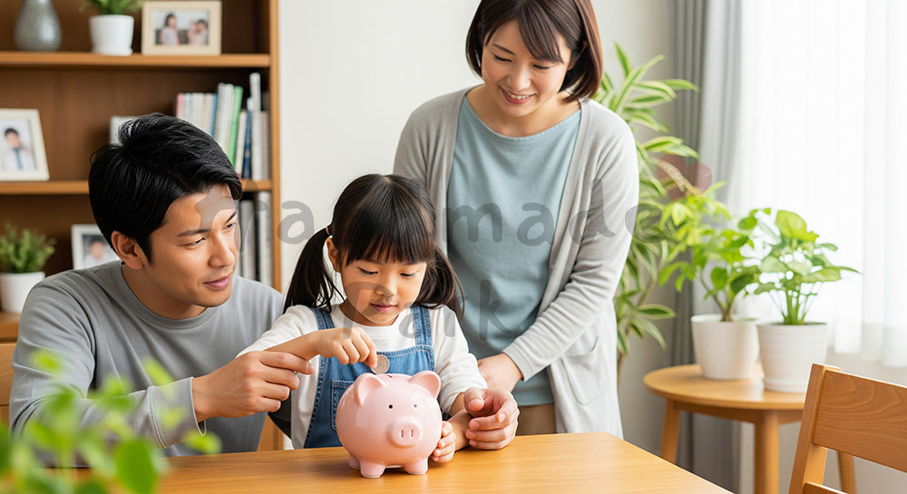 フリー素材 無料 写真｜貯金箱に硬貨を入れて家族で貯金の習慣を学ぶ日本人家庭（表現3）