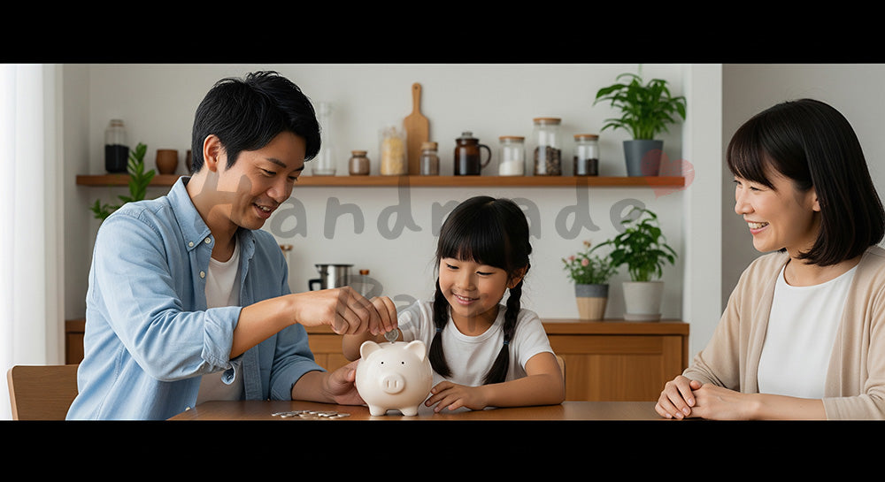 フリー素材 無料 写真｜貯金箱に硬貨を入れて家族で貯金の習慣を学ぶ日本人家庭（表現1）