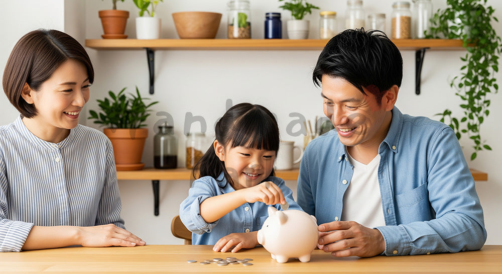 フリー素材 無料 写真｜貯金箱に硬貨を入れて家族で貯金の習慣を学ぶ日本人家庭 コピースペースあり