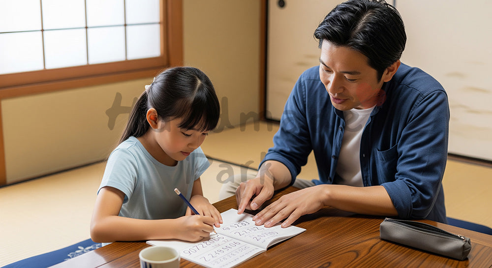 フリー素材 無料 写真｜おこづかい帳の書き方を父親から学ぶ日本人の娘（表現3）