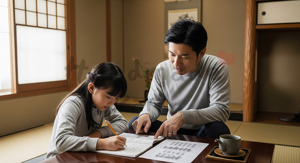 フリー素材 無料 写真｜おこづかい帳の書き方を父親から学ぶ日本人の娘 コピースペースあり