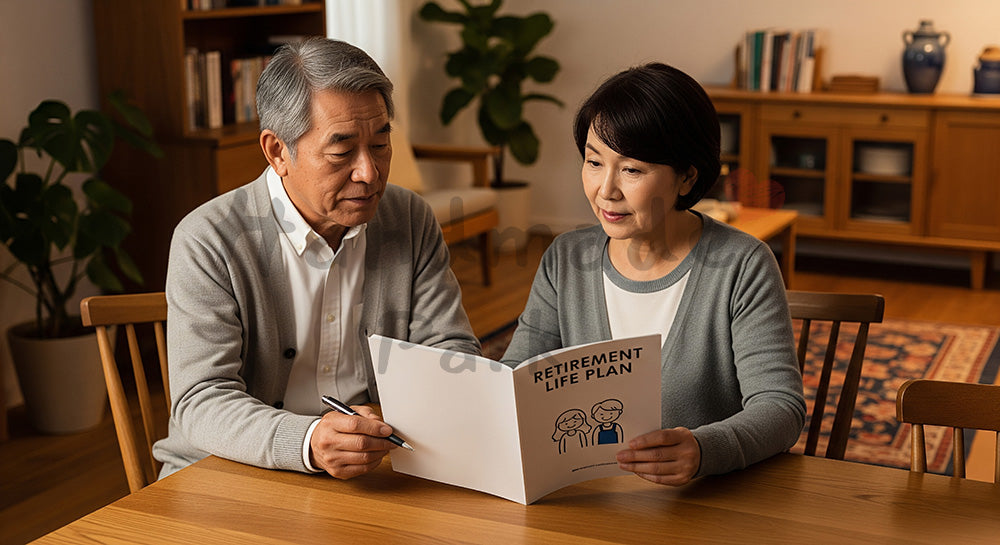 フリー素材 無料 写真｜リビングで退職後のライフプランを相談する日本人シニア夫婦（表現3）
