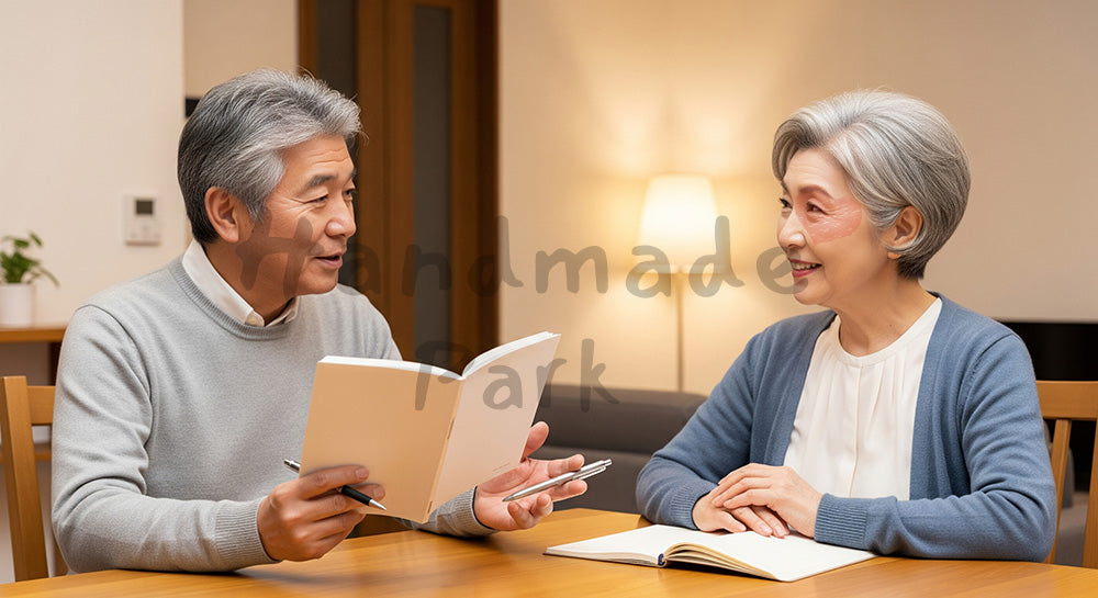フリー素材 無料 写真｜リビングで退職後のライフプランを相談する日本人シニア夫婦（表現2）