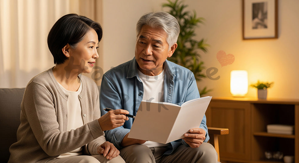 フリー素材 無料 写真｜リビングで退職後のライフプランを相談する日本人シニア夫婦（表現1）