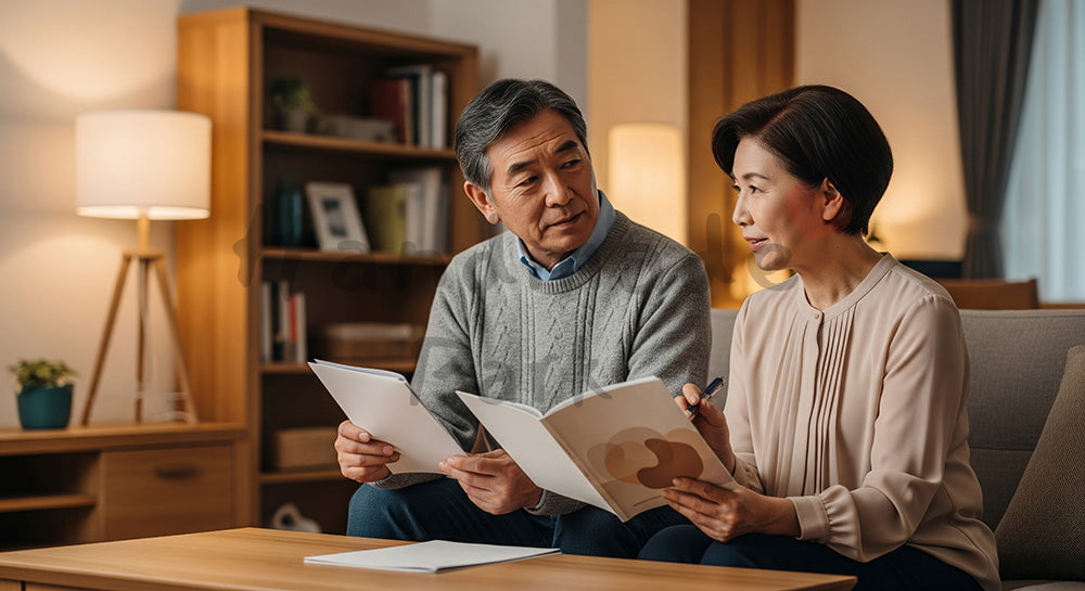 フリー素材 無料 写真｜リビングで退職後のライフプランを相談する日本人シニア夫婦 コピースペースあり