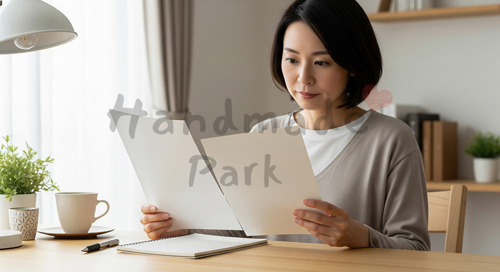 フリー素材 無料 写真｜住宅ローンの情報を調べる日本人女性の家計見直しシーン（表現2）