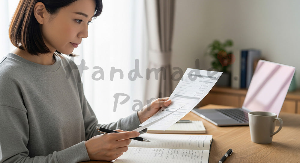 フリー素材 無料 写真｜住宅ローンの情報を調べる日本人女性の家計見直しシーン コピースペースあり