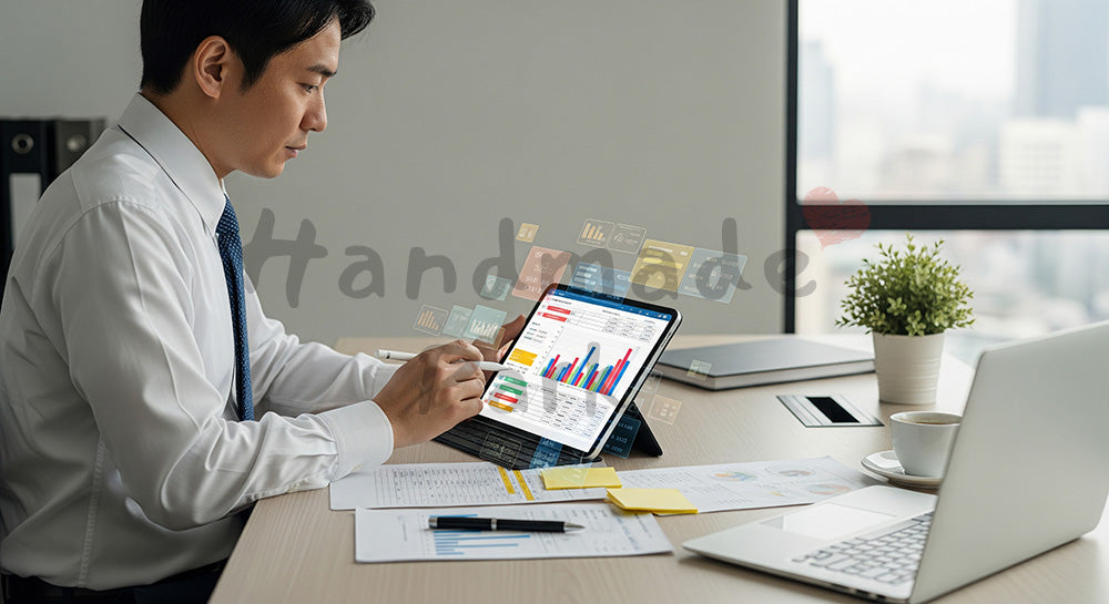 フリー素材 無料 写真｜タブレットとメモで予算を組む日本人ビジネスパーソンの計画シーン（表現3）