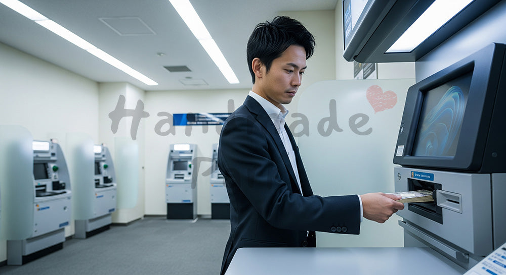フリー素材 無料 写真｜ATMで入金操作をする日本人男性の金融シーン（表現3）