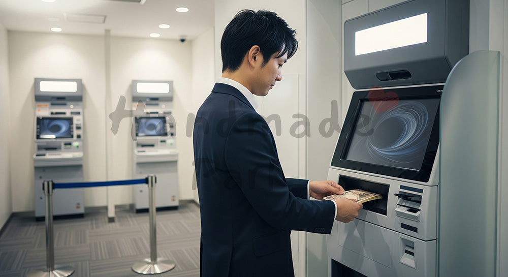 フリー素材 無料 写真｜ATMで入金操作をする日本人男性の金融シーン（表現1）