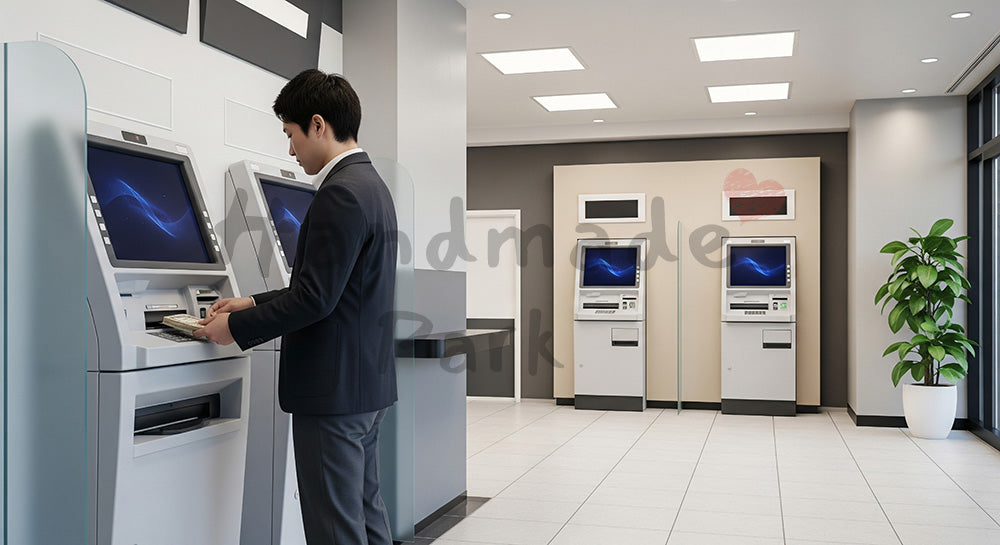 フリー素材 無料 写真｜ATMで入金操作をする日本人男性の金融シーン コピースペースあり