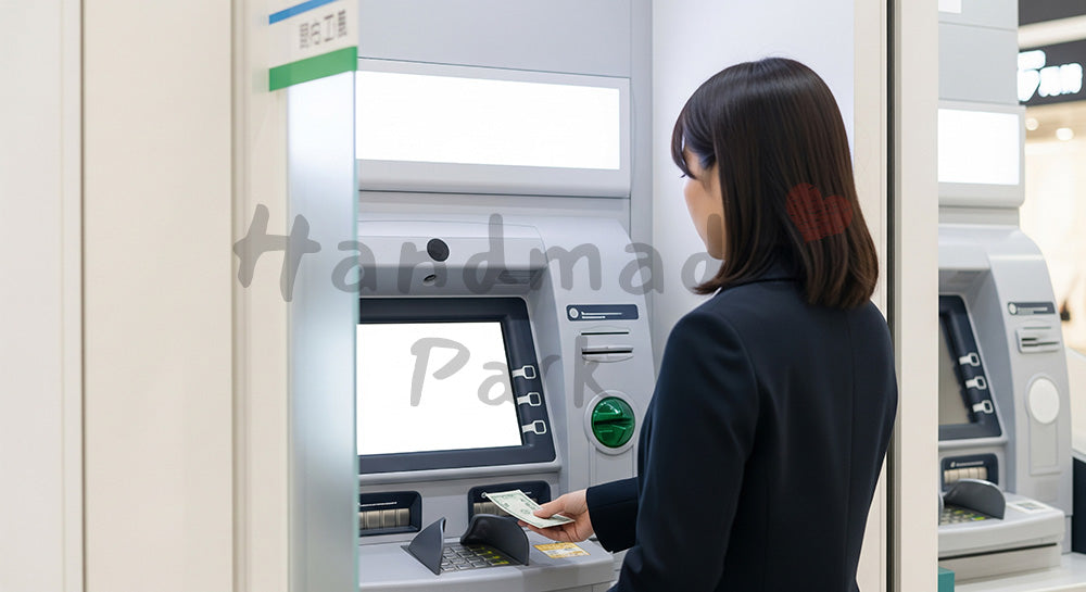 フリー素材 無料 写真｜ATMで現金を引き出す日本人女性の資金管理シーン（表現3）
