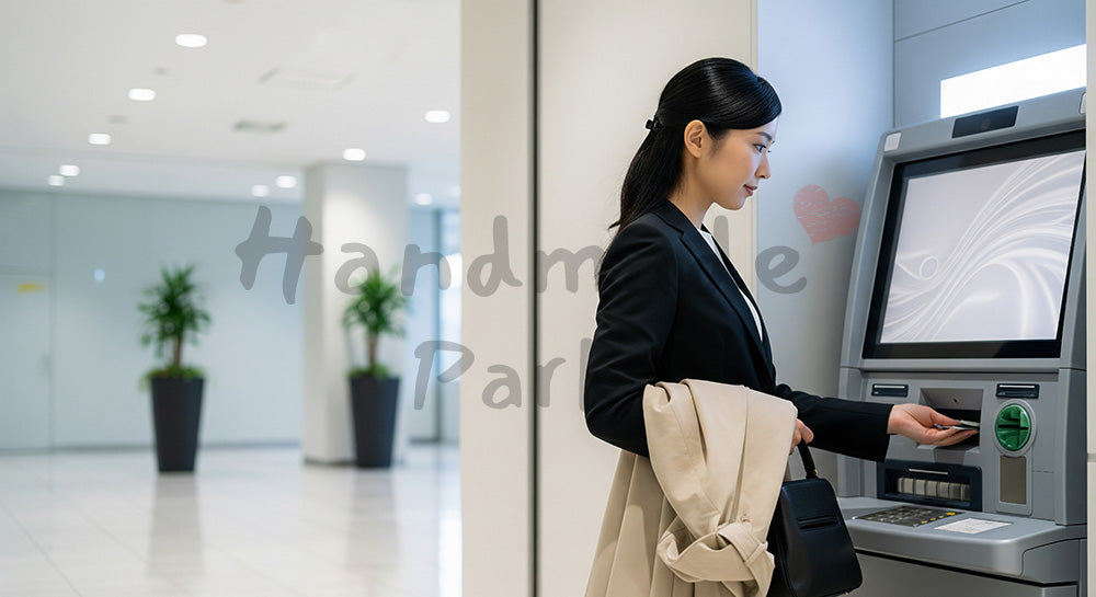 フリー素材 無料 写真｜ATMで現金を引き出す日本人女性の資金管理シーン（表現1）