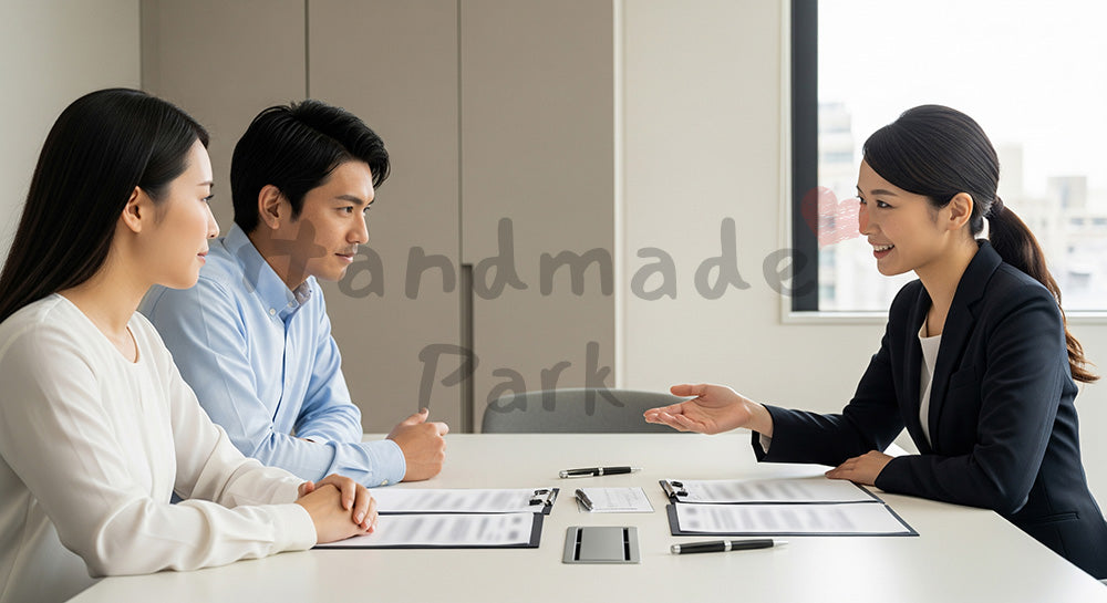 フリー素材 無料 写真｜ファイナンシャルプランナーに家計相談をする日本人夫婦（表現2）