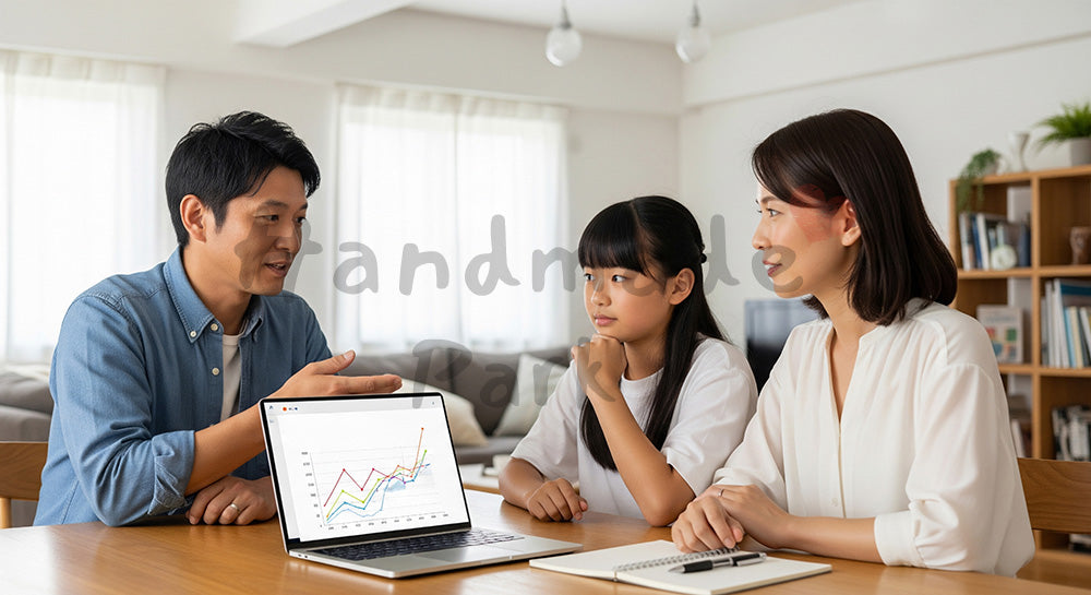 フリー素材 無料 写真｜教育資金計画のグラフを家族で見ながら将来を話し合う日本人家族（表現3）