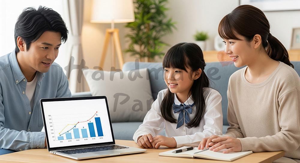フリー素材 無料 写真｜教育資金計画のグラフを家族で見ながら将来を話し合う日本人家族（表現2）