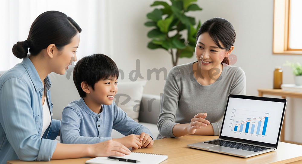 フリー素材 無料 写真｜教育資金計画のグラフを家族で見ながら将来を話し合う日本人家族 コピースペースあり