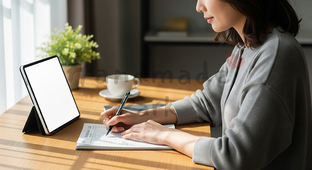 フリー素材 無料 写真｜家計簿アプリと紙の帳簿を併用して支出管理をする日本人女性 コピースペースあり