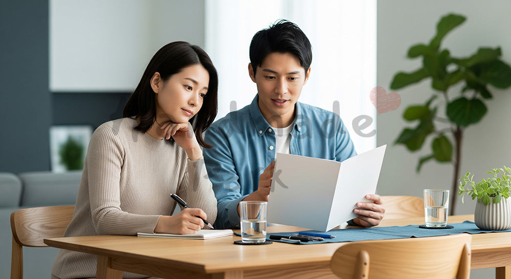 フリー素材 無料 写真｜無地パンフレットを使って保険や将来計画を話し合う日本人夫婦（表現3）