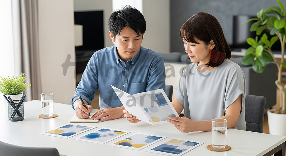 フリー素材 無料 写真｜無地パンフレットを使って保険や将来計画を話し合う日本人夫婦（表現2）