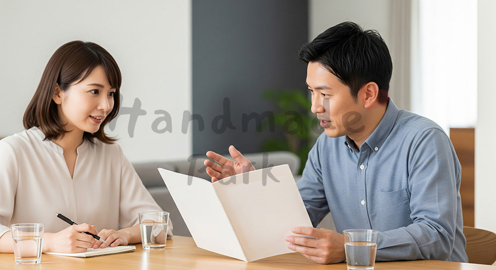 フリー素材 無料 写真｜無地パンフレットを使って保険や将来計画を話し合う日本人夫婦 コピースペースあり