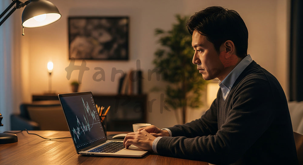 フリー素材 無料 写真｜投資管理画面を確認する日本人男性の資産運用シーン（表現3）
