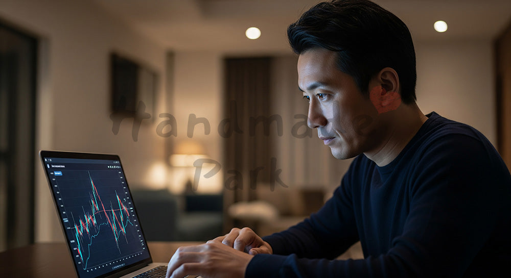 フリー素材 無料 写真｜投資管理画面を確認する日本人男性の資産運用シーン コピースペースあり