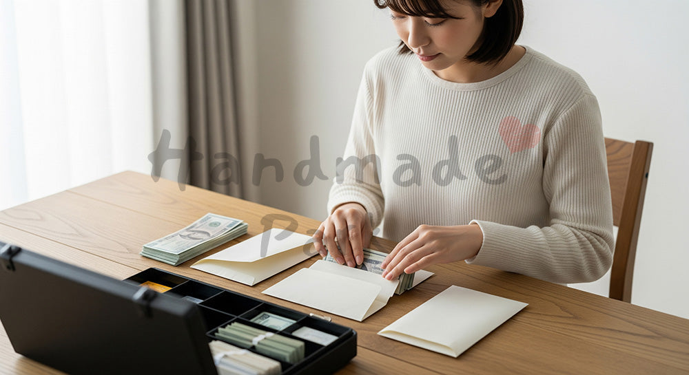 フリー素材 無料 写真｜封筒と仕分けケースで現金管理を行う日本人女性の節約術（表現3）