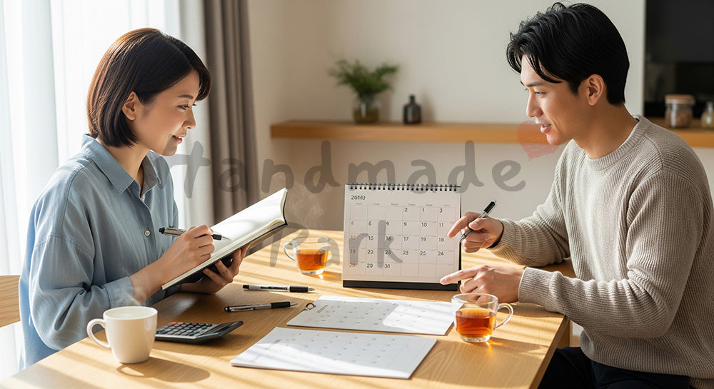 フリー素材 無料 写真｜カレンダーとノートで支出予定を立てる日本人夫婦の家計会議（表現1）