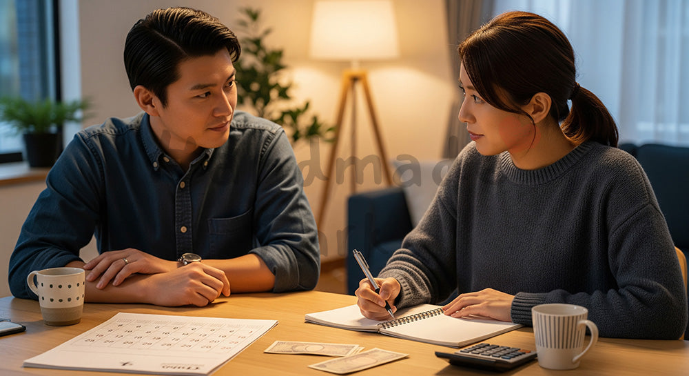 フリー素材 無料 写真｜カレンダーとノートで支出予定を立てる日本人夫婦の家計会議 コピースペースあり