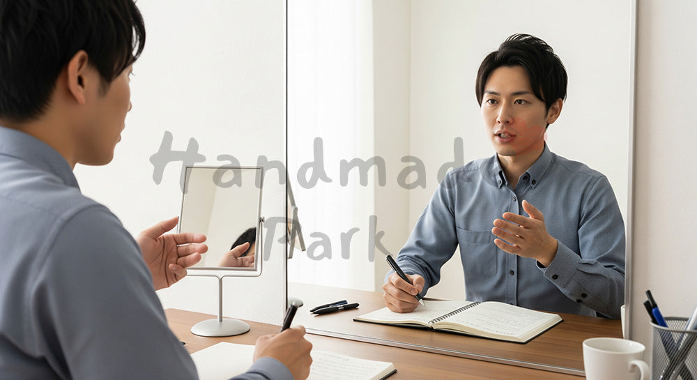 フリー素材 無料 写真｜昇給面談の練習をする日本人男性のキャリアアップ準備（表現2）