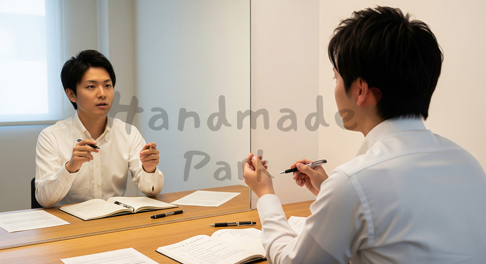 フリー素材 無料 写真｜昇給面談の練習をする日本人男性のキャリアアップ準備（表現1）