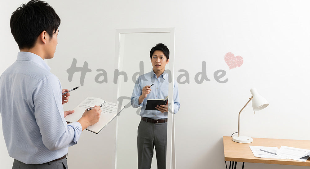 フリー素材 無料 写真｜昇給面談の練習をする日本人男性のキャリアアップ準備 コピースペースあり