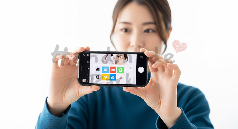 フリー素材 無料 写真｜フリマアプリに出品するため商品撮影をする日本人女性 コピースペースあり